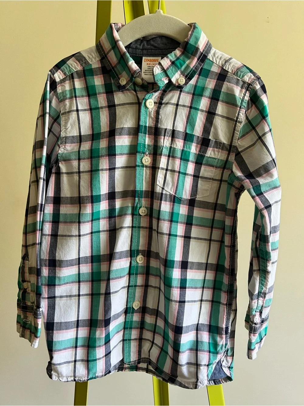 Gymboree Youth size 4 Green, Pink & Navy Plaid Button-Down Shirt 100% Cotton
